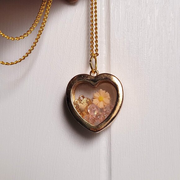 Fun Gold Plated Locket Necklace with Peach Flower, Pink Beads and Gold Heart - Picture 6 of 13
